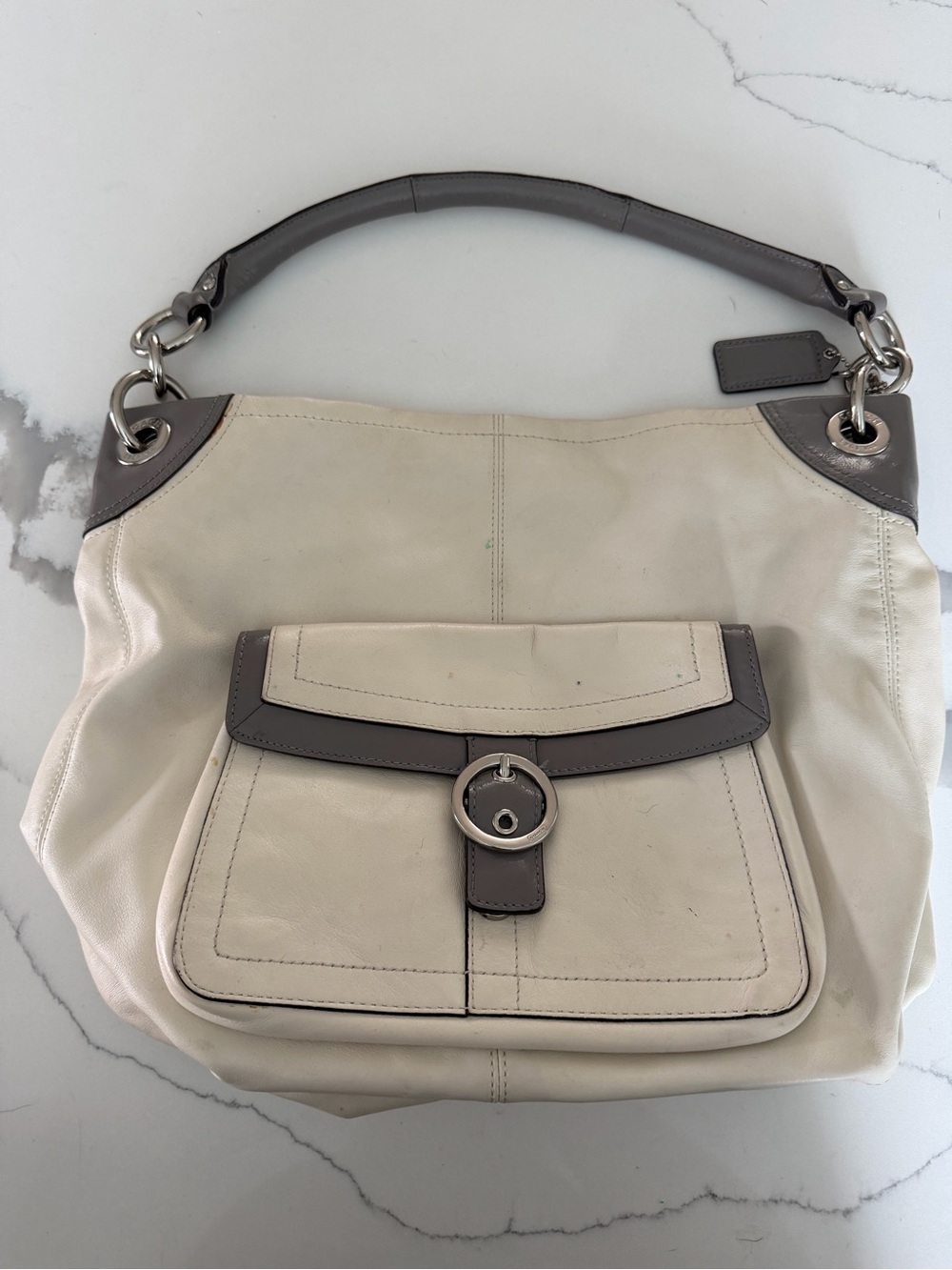 Coach Cream and Gray Leather Shoulder Bag with Front Pocket